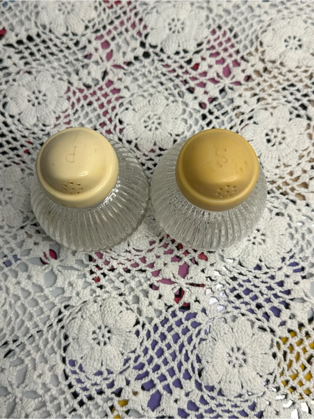 1960s Anchor Hocking Glass Ribbed Salt and Pepper Shakers with Yellow Lids